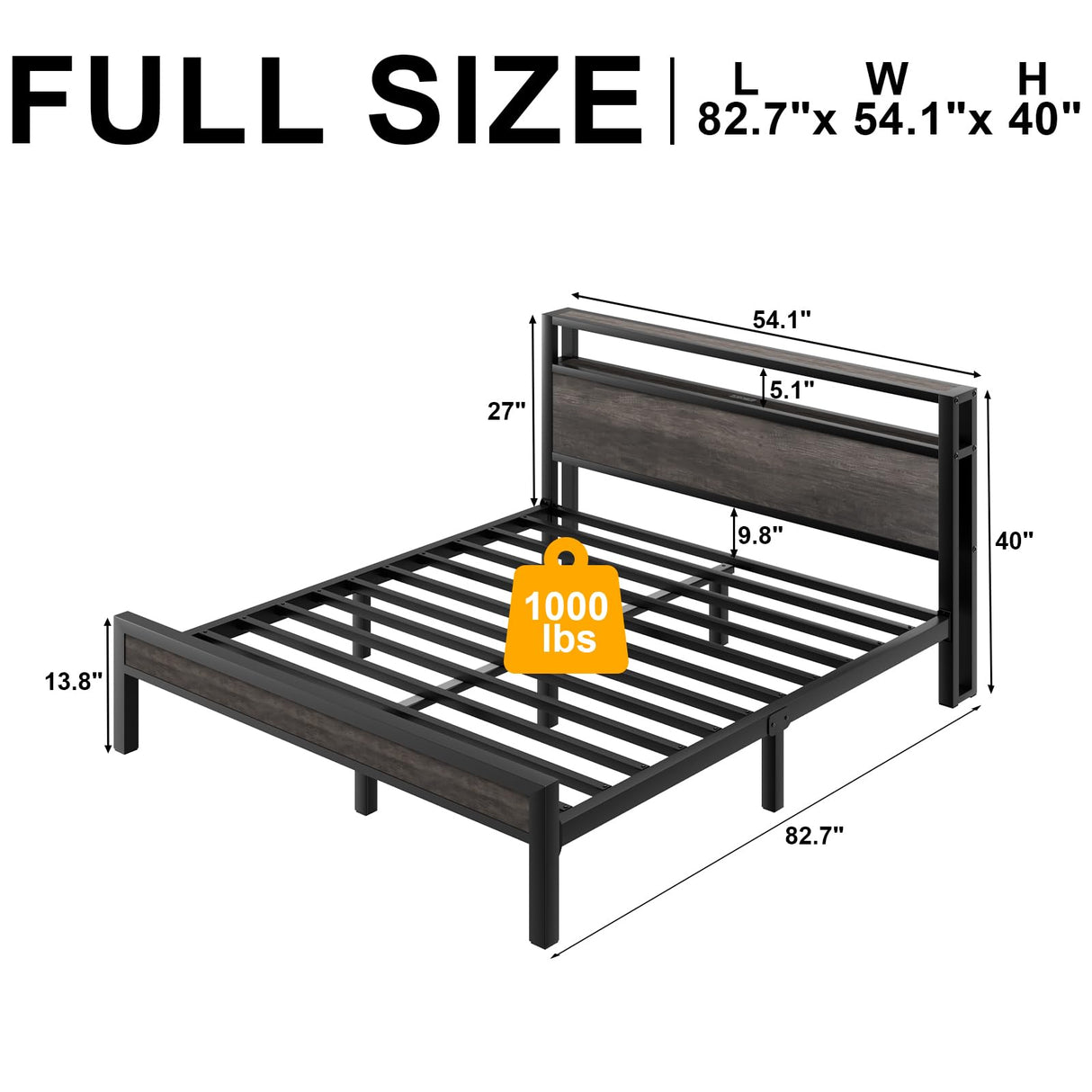 Full Size Bed Frame with Storage Headboard, Industrial Platform Bed with Charging Station and LED Lights, Heavy Duty Metal Slats, No Box Spring Need, Noise Free, Grey LOEWAY