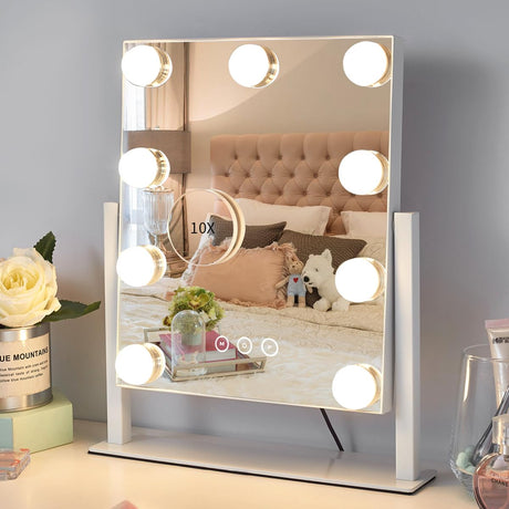 Kotdning Vanity Mirror with Lights,Lighted Vanity Mirror with 9 Dimmable Bulbs for Dressing Room & Bedroom,3 Color Lighting,Modes Detachable 10x Magnification 360°Ratation(White) 12" L x 14.4" W Kotdning