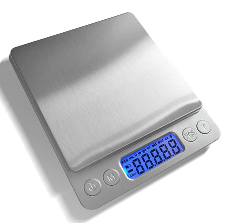 JOEAA Food Scale Digital Weight Grams and Ounces, 0.001oz/0.01g 500g Kitchen Scale for Food with Backlight LCD Display, Tare, 9 Units, Auto Off, 2 Trays, Batteries Included - Stainless Steel JOEAA
