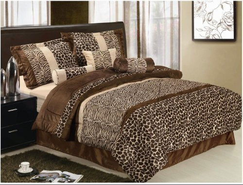 Grand Linen 7 Piece Brown King Size Safari Bed in A Bag Animal Print Zebra, Giraffe Comforter Set Microfur Bedding. Perfect for Any Bed Room or Guest Room Grand Linen