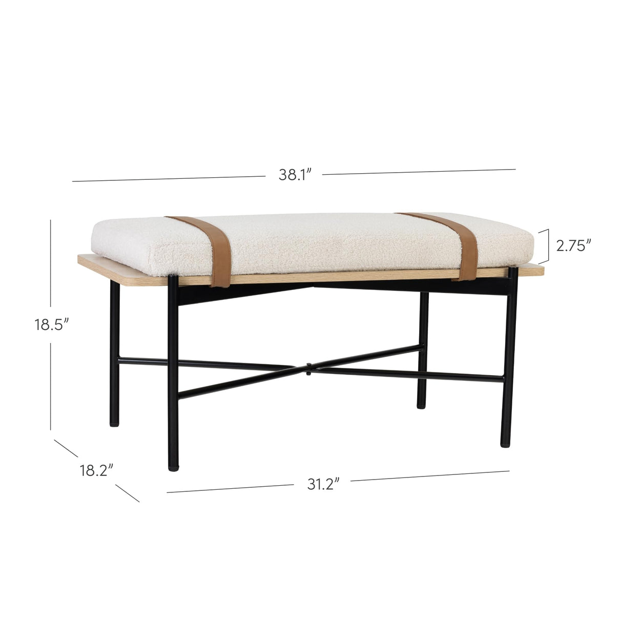 Nathan James Thatcher Upholstered Entryway Bench with Removable Boucle Cushion, Vegan Leather Straps, and Matte Black Metal Legs Nathan James