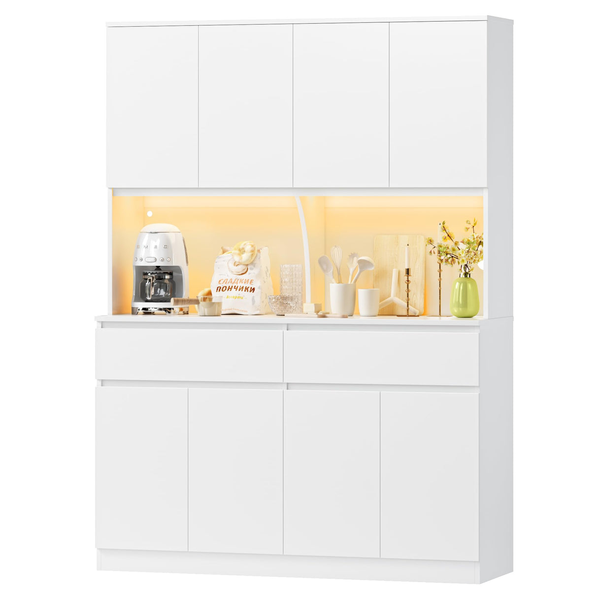 Large Hutch 75"H x 55"W Tall Kitchen Pantry with Doors and Drawers, LED Light Countertop Coffee Bar Buffet Adjustable Shelves in Storage Cabinet, Modern Freestanding Food Pantry Cupboard, White Keyluv