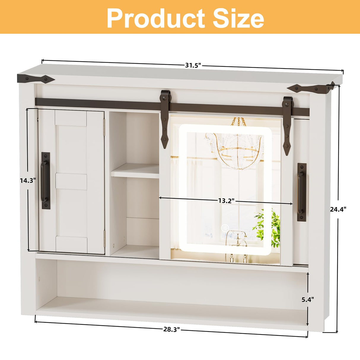 PAKASEPT Farmhouse Bathroom Wall Cabinet, Medicine Cabinet Mirror with LED Lights, Sliding Mirror and Adjustable Shelves,Storage Cabinet Wall Mounted Organizer for Bathroom, Kitchen Dining, White PAKASEPT