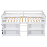 LED Twin Size Low Loft Bed for Kids,Twin Loft Bed with Storage Shelves,Kids Low Loft Bed Frame with LED Light,Space Saving, White Bellemave