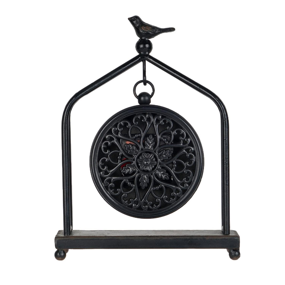 SOFFEE DESIGN 7.5'' x 10'' Mantel Clock Iron Tower Frame, Creative Bird Ornament Tabletop Clock, Silent Clock with Hollow Carved Back Cover for Home Decor, Black SOFFEE DESIGN
