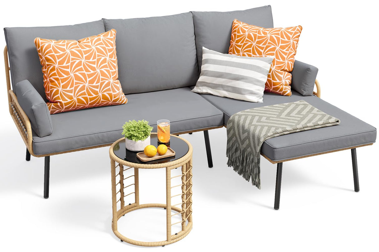Gizoon Outdoor Patio Furniture Set, Wicker Rattan L-Shaped Conversation Sectional Sofa Set with Thick Cushions, Detachable Lounger and Side Table for Backyard, Porch, Balcony, Pool (Grey) Gizoon