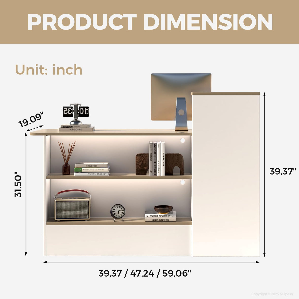 Nuipesn Modern L Shape Reception Desk with Counter – Front Desk Receptionist Counter with Storage Shelves, Drawer & LED Light for Office, Salon, Store (White+Natural, 59" L * 20" W * 40" H/Left) Nuipesn
