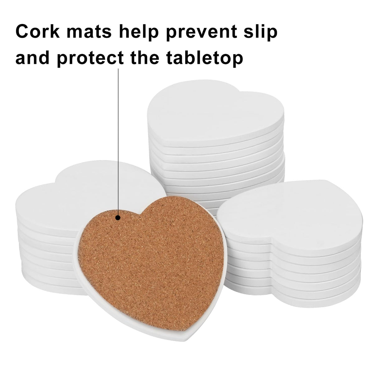 kukmakri 50 PCS Sublimation Blank Ceramic Coasters with Cork Backing Pads, 4.25 Inch Heart Shaped Versatile & Decorative Glazed Ceramic Coasters for Crafting, Absorbent Ceramic Stone Coaster for Drink kukmakri
