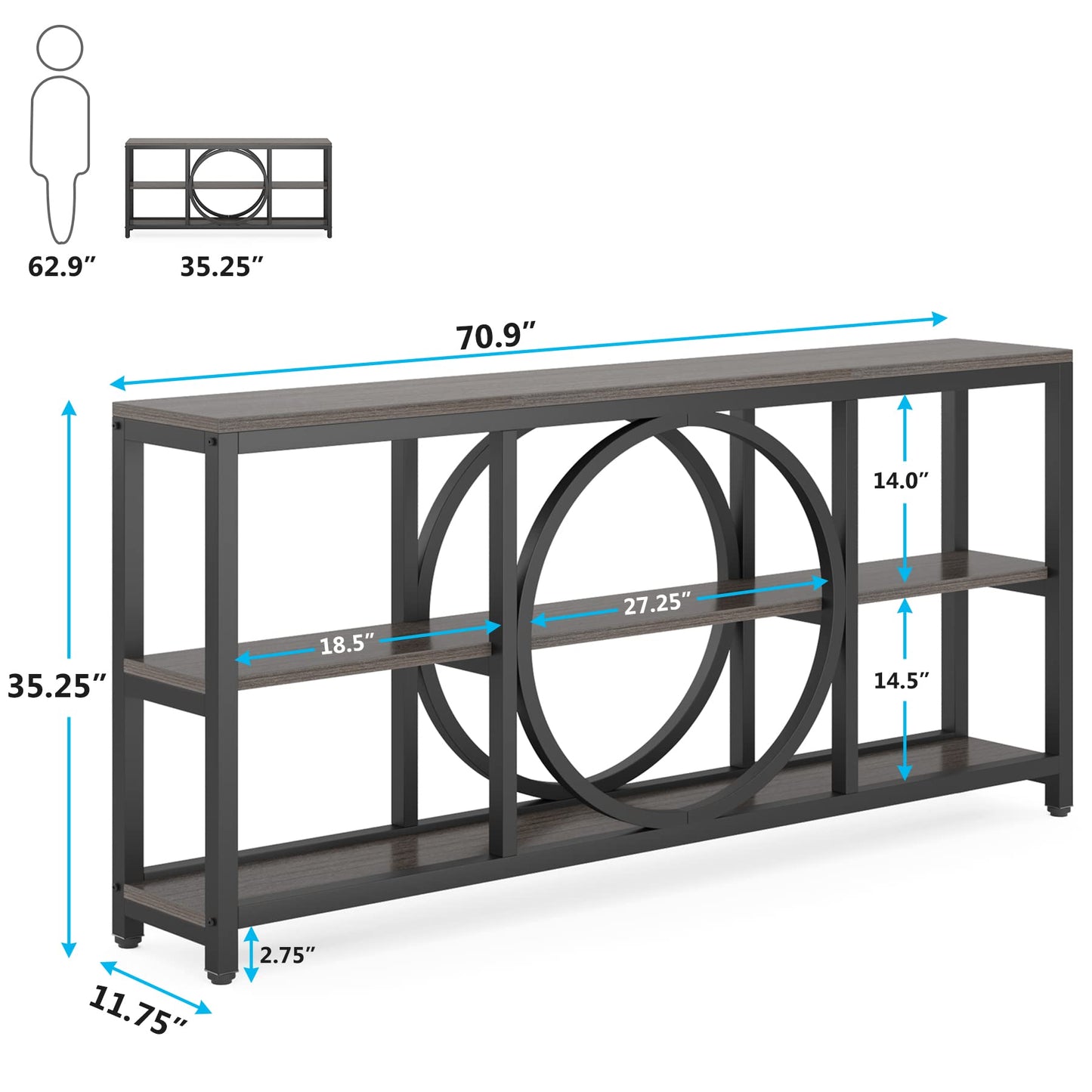 Tribesigns 70.9 inch Sofa Console Table, Extra Long Narrow Entryway Tables with 3 Tier Wood Storage Shelves Metal Frame for Foyer Hallway Living Room Behind Couch, Black Rustic Gray