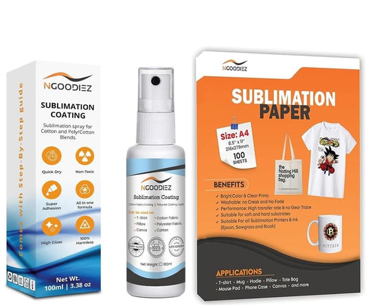 NGOODIEZ Sublimation Coating & Paper Bundle - High Gloss Finish Spray + A4 Sublimation Paper - 100ml Coating + 100 Sheets