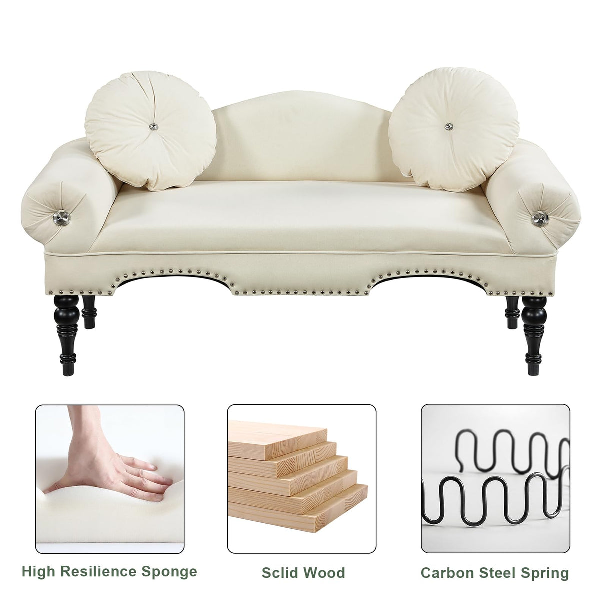 Vanress 54'' Loveseat Sofa,Small Couch for Living Room,Mid Century Modern Velvet Love Seats Sofa Settee with 2 Pillows and Solid Wood Legs,Upholstered 2-Seater Couch for Small Space,Bedroom,Beige Vanress