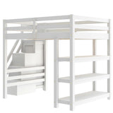 Bellemave Full Loft Bed with Stairs and Shelves, Wood Loft Bed with Bookcase and 3-Tier Shelves, Wardrobe, LED for Kids, Teens, Adults, White Bellemave