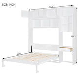 P PURLOVE Wood Queen Murphy Bed with Desk, Modern Wall Bed with Top Cabinet and Storage Shelves, Space Saving, No Box Spring Needed (White) P PURLOVE