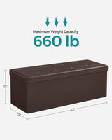 SONGMICS 43 Inches Folding Storage Ottoman Bench, Storage Chest, Footrest, Coffee Table, Padded Seat, Faux Leather, Holds up to 660 lb, Brown ULSF703, L(15 x 43 x 15 Inches) SONGMICS