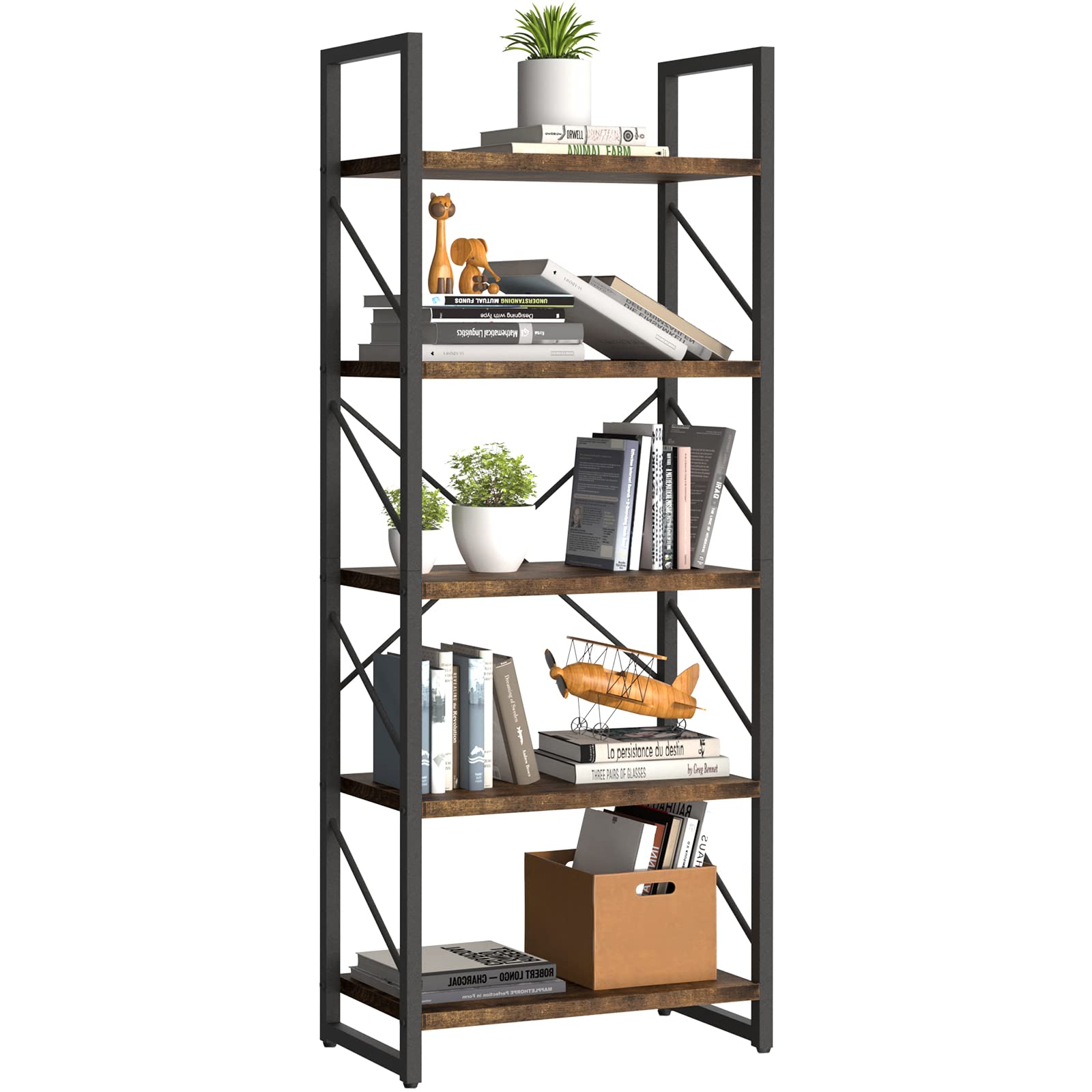 YITAHOME 5-Tier Rustic Brown Bookshelf - Stylish Modern Bookcase & Storage Rack for Home and Office - WoodArtSupply