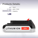 3.0 Replacement Battery wtih Charger Compatible for Black and Decker 20V Battery & Charger 20 Volt MAX Lithium Ion LBXR20 LB20 LBXR2020-OPE LBXR20B-2 LB2X4020-2 LORDONE