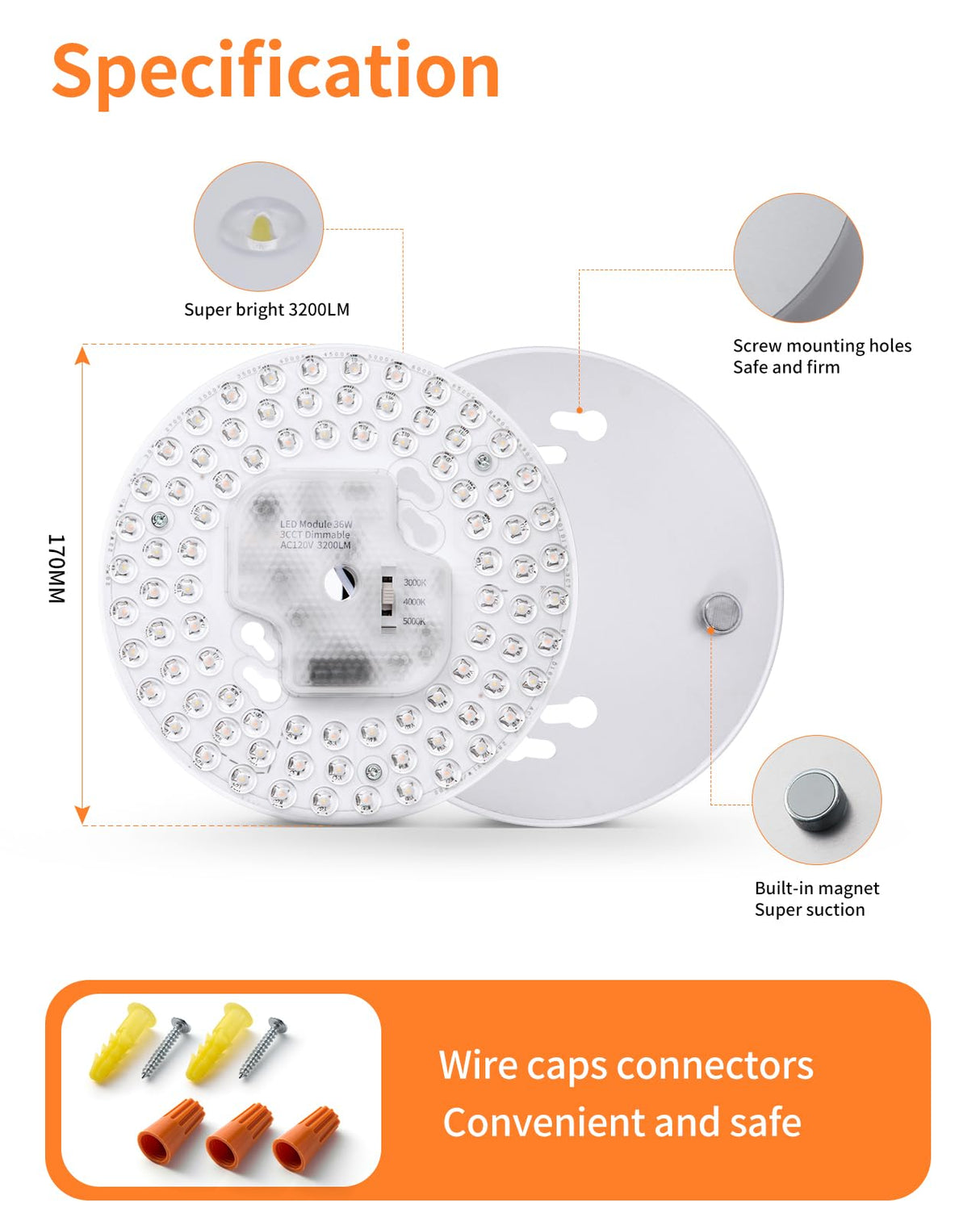 Tomosu 2 Pack Ceiling Fan Lamp Replacement, 6.69 inch Dimmable 3CCT 3000K/4000K/5000K 36W 3200LM, Ceiling Fan LED Light Kit Replacement, LED Light Engine Retrofit Kit Tomosu
