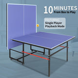 Professional Table Tennis Table, Foldable Ping Pong Game Set for Indoor, 8FT 9FT Single Player Playback Mode Ping Pong Table with Net and Post Set, 2 Paddles and 3 Balls (Blue-8FT) Generic