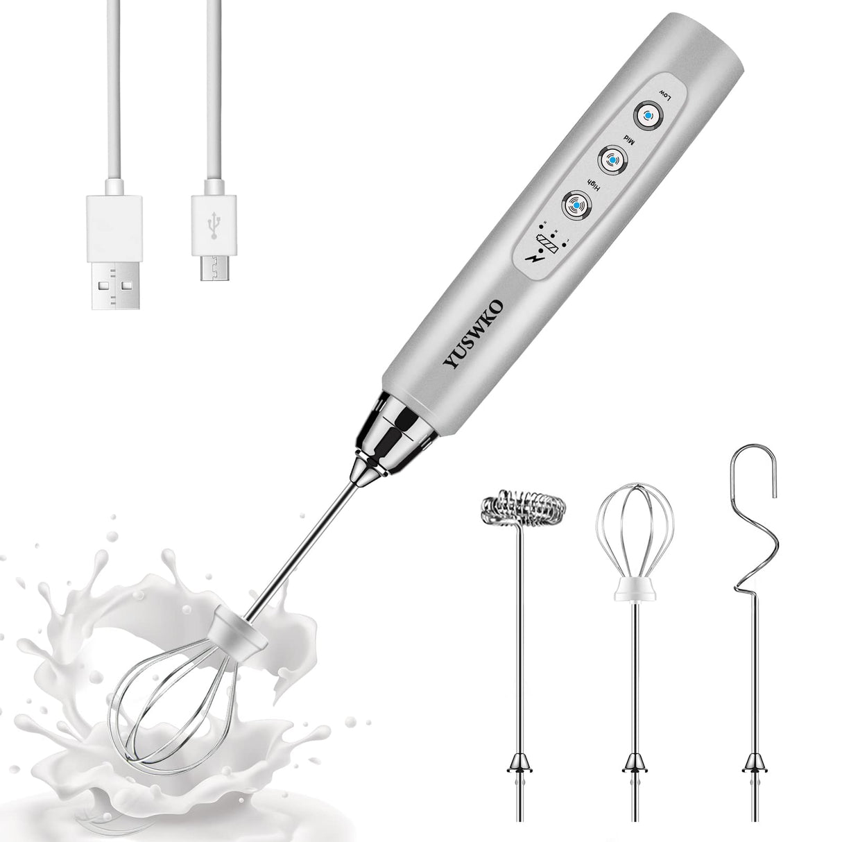 YUSWKO Rechargeable Milk Frother Handheld with 3 Heads, Silver Coffee Electric Whisk Drink Foam Mixer, Mini Hand Stirrer with 3 Speeds Adjustable for Latte, Cappuccino, Hot Chocolate, Egg YUSWKO