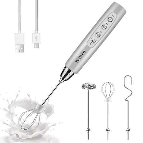 YUSWKO Rechargeable Milk Frother Handheld with 3 Heads, Silver Coffee Electric Whisk Drink Foam Mixer, Mini Hand Stirrer with 3 Speeds Adjustable for Latte, Cappuccino, Hot Chocolate, Egg YUSWKO