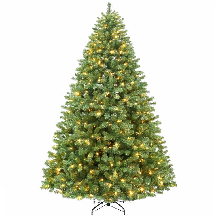 Hykolity 9 ft Prelit Christmas Tree, Artificial Christmas Tree with 600 Warm White Lights, 2100 Branch Tips, Metal Stand and Hinged Branches