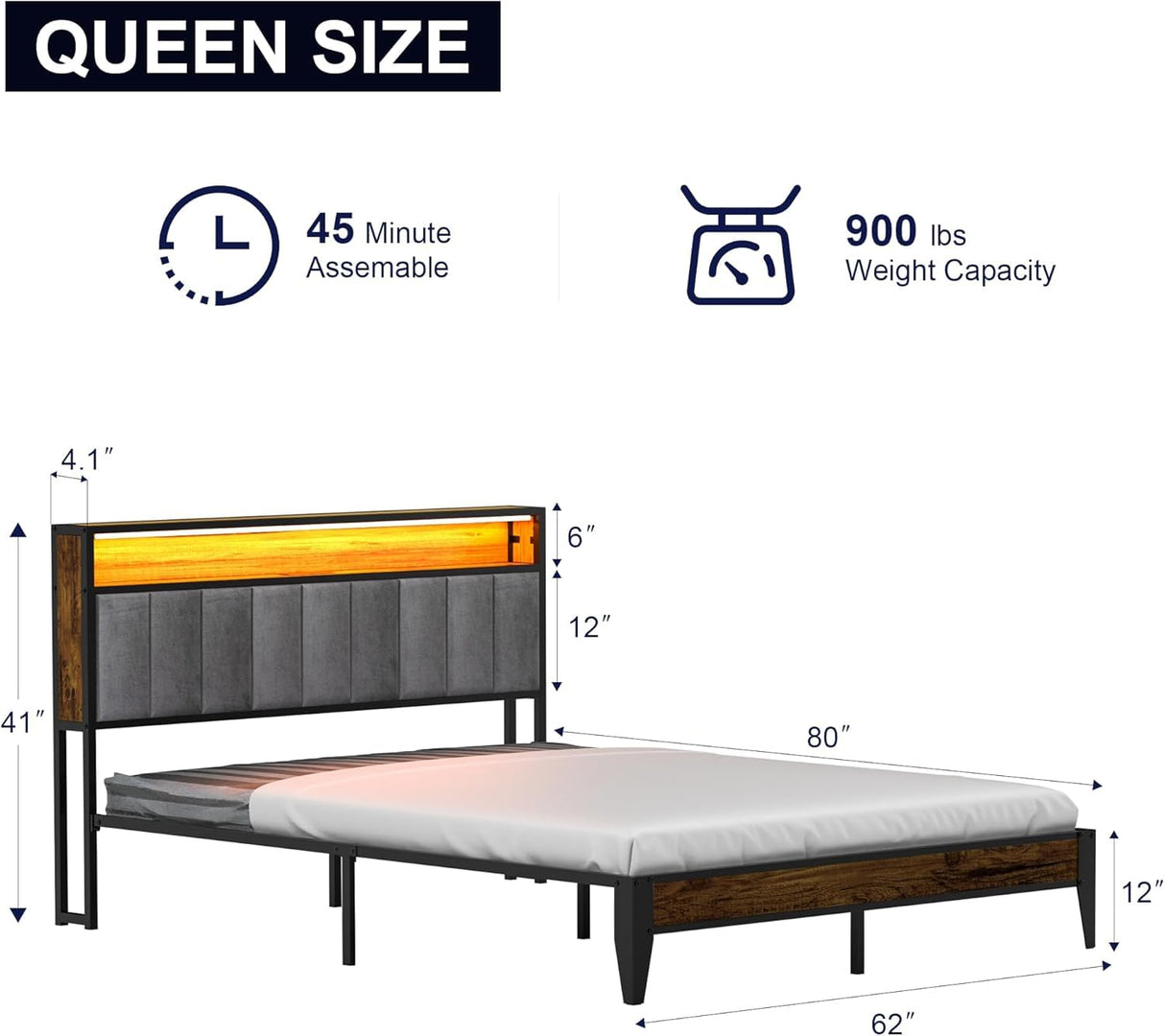 FSJianYi Queen Metal Bed Frame with Charging Station, LED Lights Headboard, Strong Metal Slats Support No Box Spring Needed Noise Free (Queen (U.S. Standard)) FSJianYi
