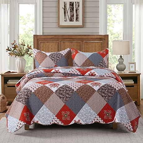 Travan Floral Printed Quilt Sets 3-Piece Super Soft Lightweight Queen Size Bedspread with Shams Reversible Quilted Bedding Set, Red, Queen Travan