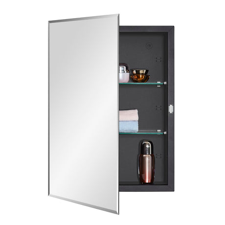 IDYLLOR Black Bathroom Medicine Cabinet with Beveled Edge Mirrored Door 16 x 22 inch, Recessed or Surface Mount, with Adjustable Glass Shelves IDYLLOR