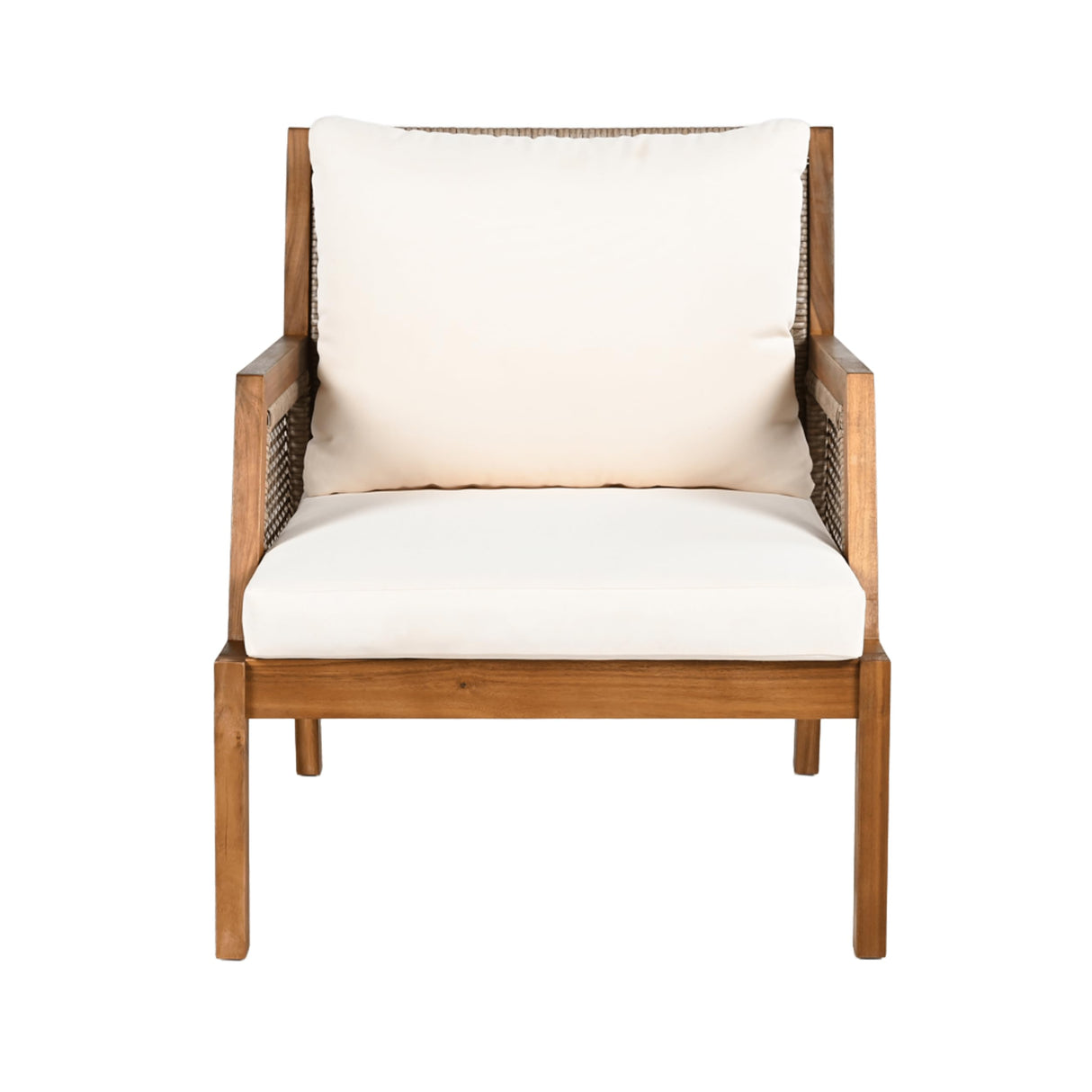 Christopher Knight Home Lena Patio Accent Chair, Acacia Wood Club Chair, Wicker Backrest Armchair, Upholstered Cushion Seating, Wooden Chairs for Balcony Backyard Garden, 23.5" 400lbs Teak+Cream Christopher Knight Home