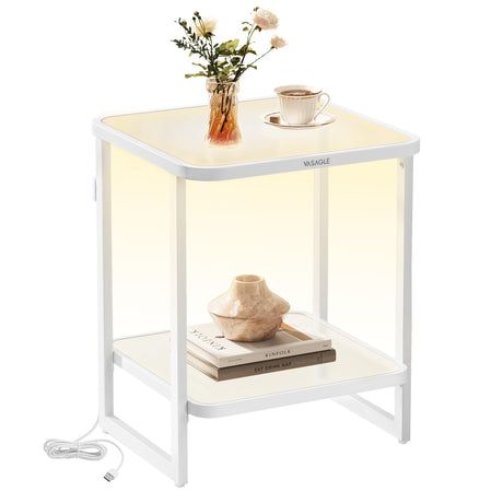 VASAGLE End Table, 2-Tier Side Table with LED Lights, Modern Nightstand, Square Bedside Table, Frosted Glass, Bottom Shelf, for Bedroom, Cloud White and Pearl White ULET232W01 VASAGLE