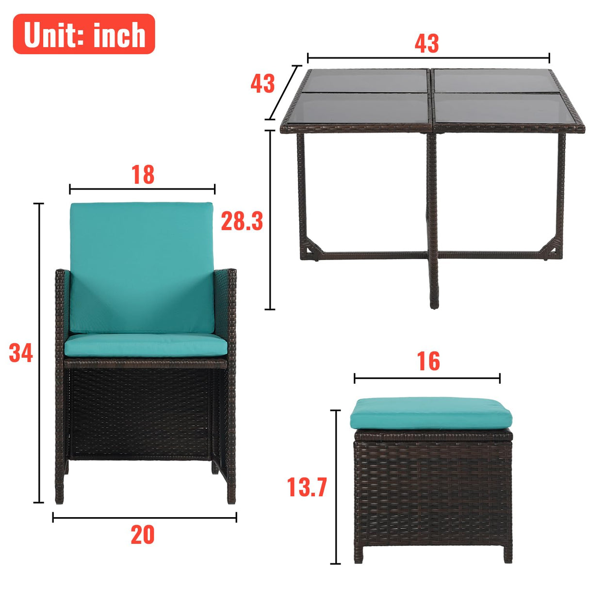 Outdoor Patio Furniture Set 9 Pieces Patio Dining Sets Space Saving Wicker Furniture with 4 Rattan Chairs 4 Ottomans and Glass Table for Outdoor Backyard Porch Poolside Balcony,Khaki Cushion (Blue) PayLessHere