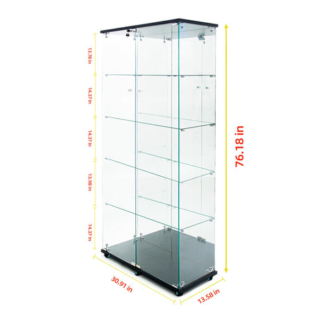 5-Shelf Glass Display Cabinet with Lights Strip and Mirror Back Panel, 2 Lock Door Curio Cabinets Collectibles Display Case, Floor Standing Glass Bookshelf for Living Room Bedroom Office, Black TehRecBT