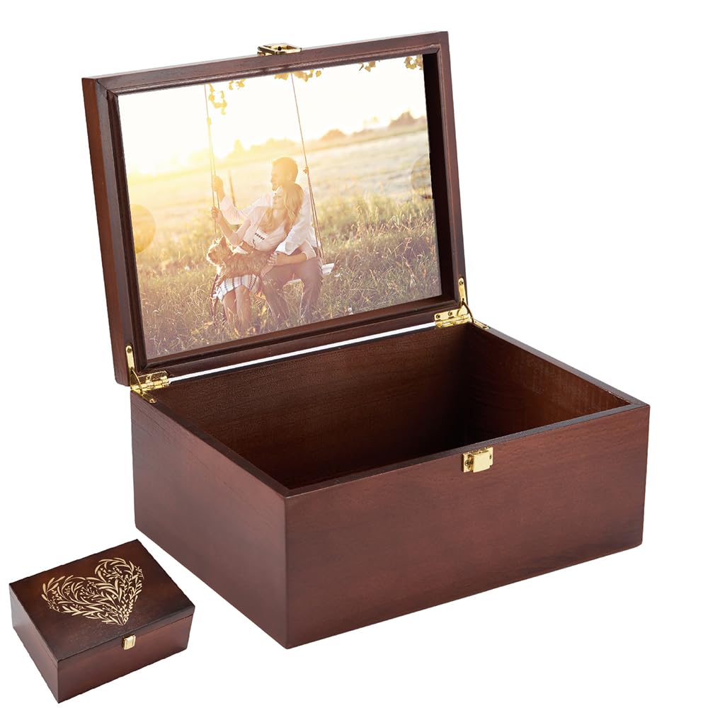 Larger Wooden Memory Keepsake Boxes With Hinged Lids and a photo frame inside the lid - Decorative Storage Box With a Hinge Lids For Picture Letter