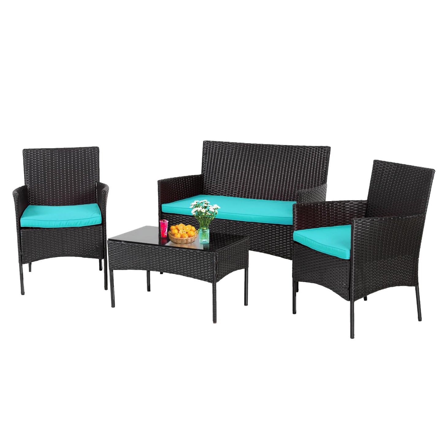 4 Pieces Conversation Set Modular Outdoor Furniture Set Water Resistant Patio Wicker Furniture Set with 3 Rattan Chairs 1 Tempered Glass Topped Table Seat Cushions for Patio Balcony Poolside, Blue