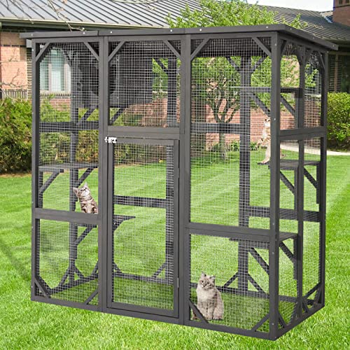 MAGIC UNION Large Fir Wooden Outdoor Indoor Catio Cat Enclosure with Weather Protection Roof with Cattery and 5 Platforms - WoodArtSupply