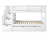 Bedz King Stairway Bunk Beds Twin over Twin with 3 Drawers in the Steps and a Twin Trundle, White Bedz King