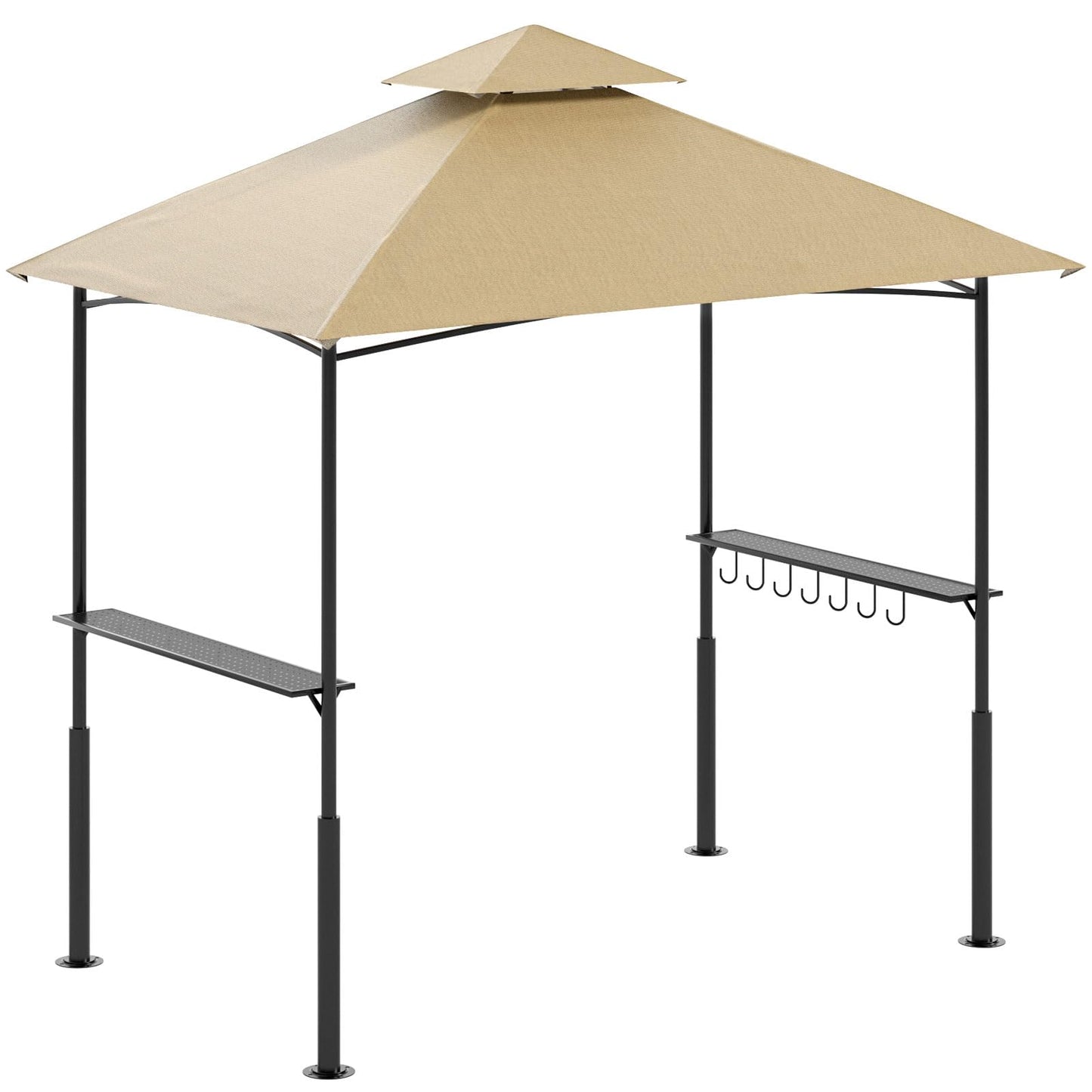 8x5 Grill Gazebo, Double Roof BBQ Gazebo with 2 Handy Shelves, Sturdy Steel Frame, 7 Hook Tools, Sun & Waterproof, Perfect for BBQ, Party, Garden (Khaki) - WoodArtSupply