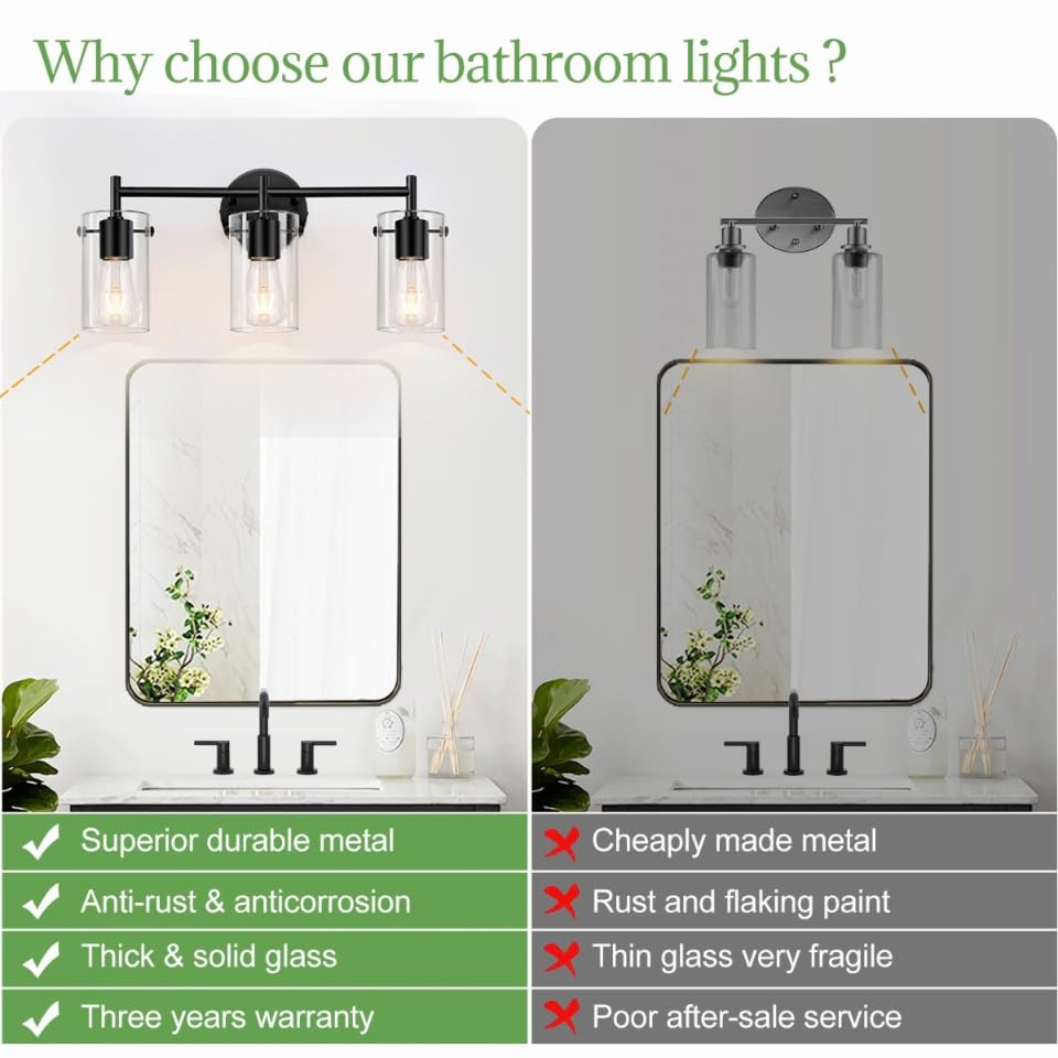 Bathroom Light Fixtures 2023 Upgrade, 3-Light Matte Black Bathroom Vanity Light, Black Bathroom Lights Over Mirror with Clear Glass Shade, Bathroom Wall Sconces for Mirror Bedroom Living Room Hallway Indoi