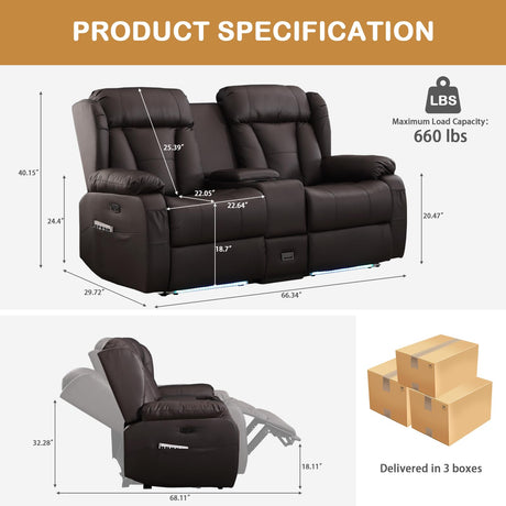DUNELLA 66" Power Loveseat Recliner Sofa, Home Theater Seating with Console, Electric Recliner RV Sofa with USB/USB-C/Storage/Side Pocket/LED Light for Travel Trailers(Brown) DUNELLA