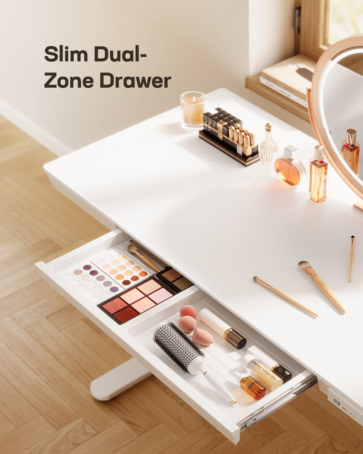 Marsail Standing Desk with Drawer, 48 x 24 inch Whole Piece Tabletop Electric Standing Desk, Height Adjustable Desk with USB Charging Ports, Sit Stand Desk with Storage for Home & Office White Marsail