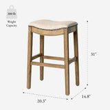 Maven Lane Adrien Backless Bar Stool – 31 Inch Saddle Seat with Footrest – Natural Solid Wood Frame & Natural Fabric Upholstery – Ideal for Bars, Pub Tables & Tall Kitchen Counters Maven Lane