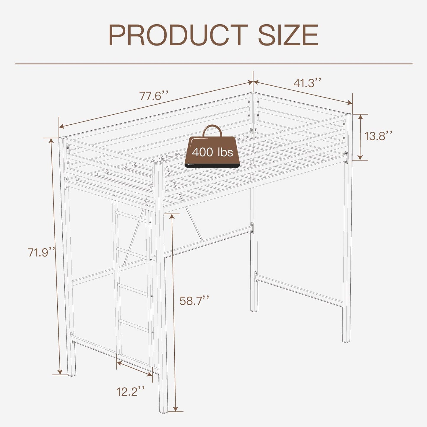 Multifunctional Metal Loft Bed Twin Size with Safety Guard and Removable Ladder in Matte Black - WoodArtSupply