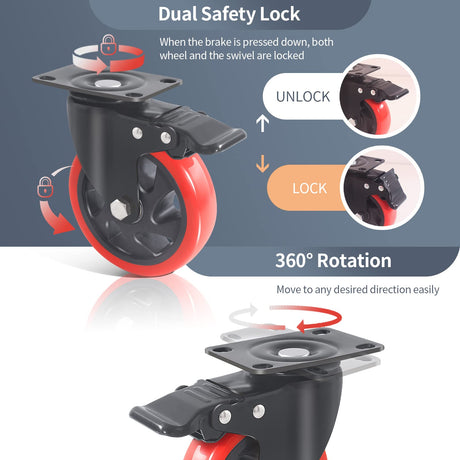 5 Inch Caster Wheels with Brake, Casters Set of 4 Heavy Duty 2000LBS, Safety Dual Locking Industrial Casters, Polyurethane Foam No Noise Wheels for Cart, Workbench(Two Hardware Kits Provided) Ashxakv