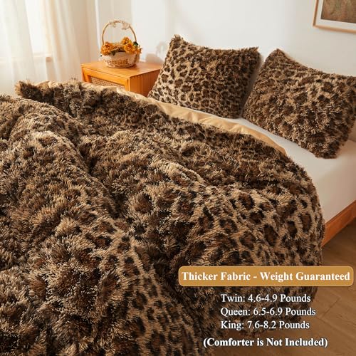 XeGe Cheetah Print Fluffy Faux Fur Duvet Cover Set, 3 Pieces Soft Plush Shaggy Fuzzy Bedding Set(1 Faux Fur Leopard Print Comforter Cover + 2 Furry Pillowcases), Zipper Closure(Queen, Brown) XeGe