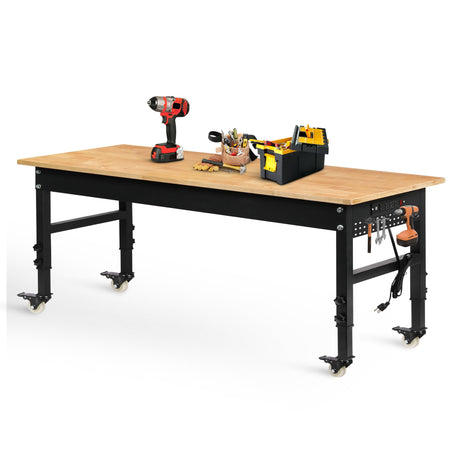 Betterhood 70" Adjustable Workbench on Wheels, 2000 LBS Heavy Duty Work Table with Power Outlets & Pegboard, Rubber Wood Workstation for Garage, Workshop, Office, Home, Commercial Betterhood