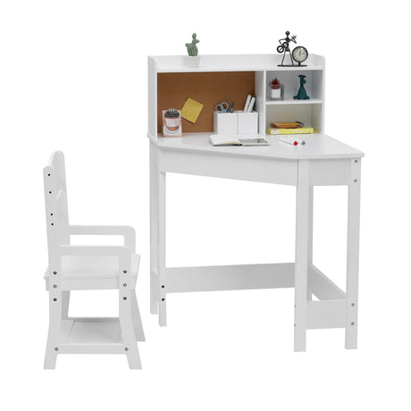Kids Desk and Chair Set, Wooden Corner Study Table with Bookshelf, Bulletin Board, and Pen Holder, Writing Table for Boys and Girls, White GarveeHome