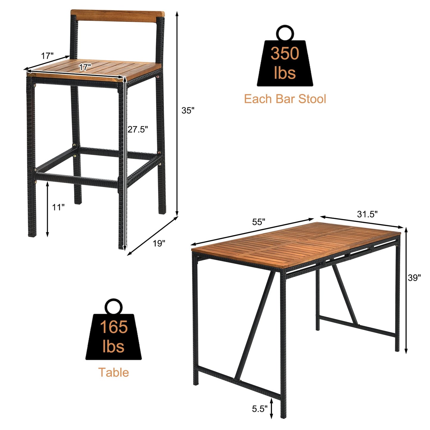 7-Piece HAPPYGRILL Acacia Wood Patio Bar Set with Umbrella Hole and 6 Ergonomic Stools