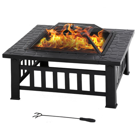 Outdoor Fire Pit 32 Inch Square Metal Firepit Mutltifunctional Fire Pit with Mesh Cover Poker for Outside Backyard Gathering Camping Bonfire, Fireplace for Outdoor Heating Patio Garden FDW