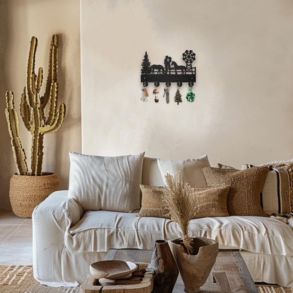 MAYJOYDIY Wood Cowboy Horse Farm Coat Hooks Farmhouse Cowgirl Windmill Key Holder for Wall 11.8×7.9inch Wall Art Decor Gift Black Wall Key Rack Organizer 5 Alloy Hooks for Bedroom Kitchen Entryway MAYJOYDIY