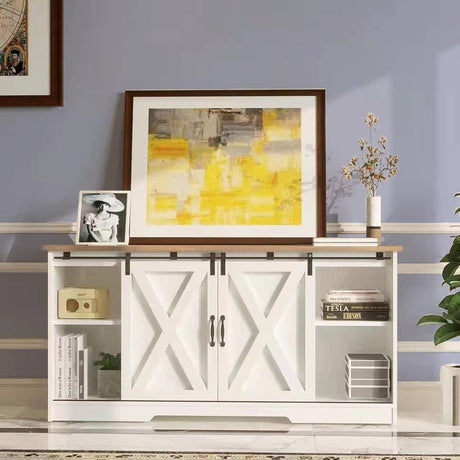 4ever2buy Farmhouse Coffee Bar Cabinet with Storage, 59'' Kitchen Buffet Cabinet with Sliding Barn Door, Sideboard Buffet Cabinet with Adjustable Shelf, White Coffee Bar for Living Dining Room 4ever2buy